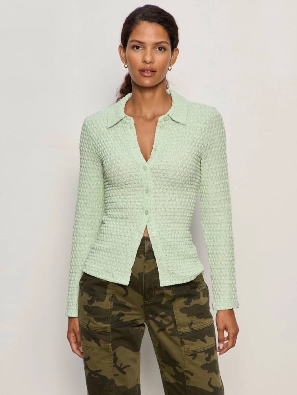 NEW! Sanctuary Dreamer Long Sleeve Shirt Textured Fabric Detox Green Size Small